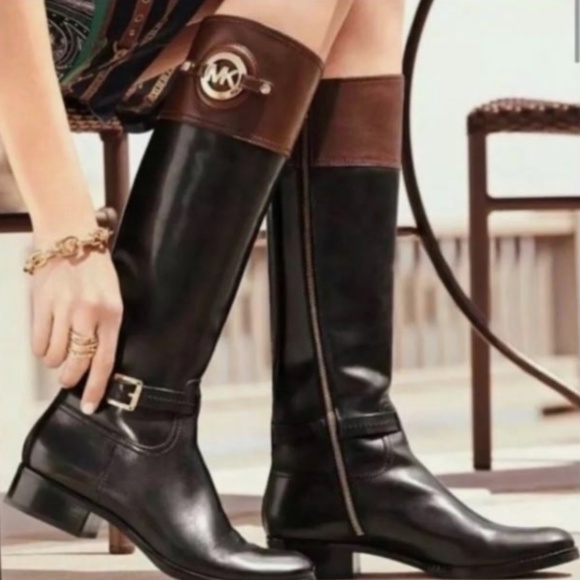 MICHAEL KORS | Stockard Black Mocha Brown Equestrian Leather Two-Tone Boots - Picture 1 of 12